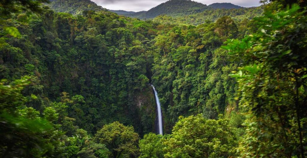 Foto de una Catarata sobreliendo de las montañas para ilustrar la biodiversidad de costa rica
